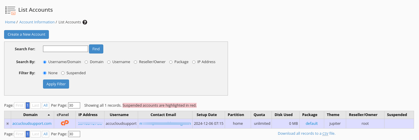 cPanel Account in WHM cPanel Account in WHM