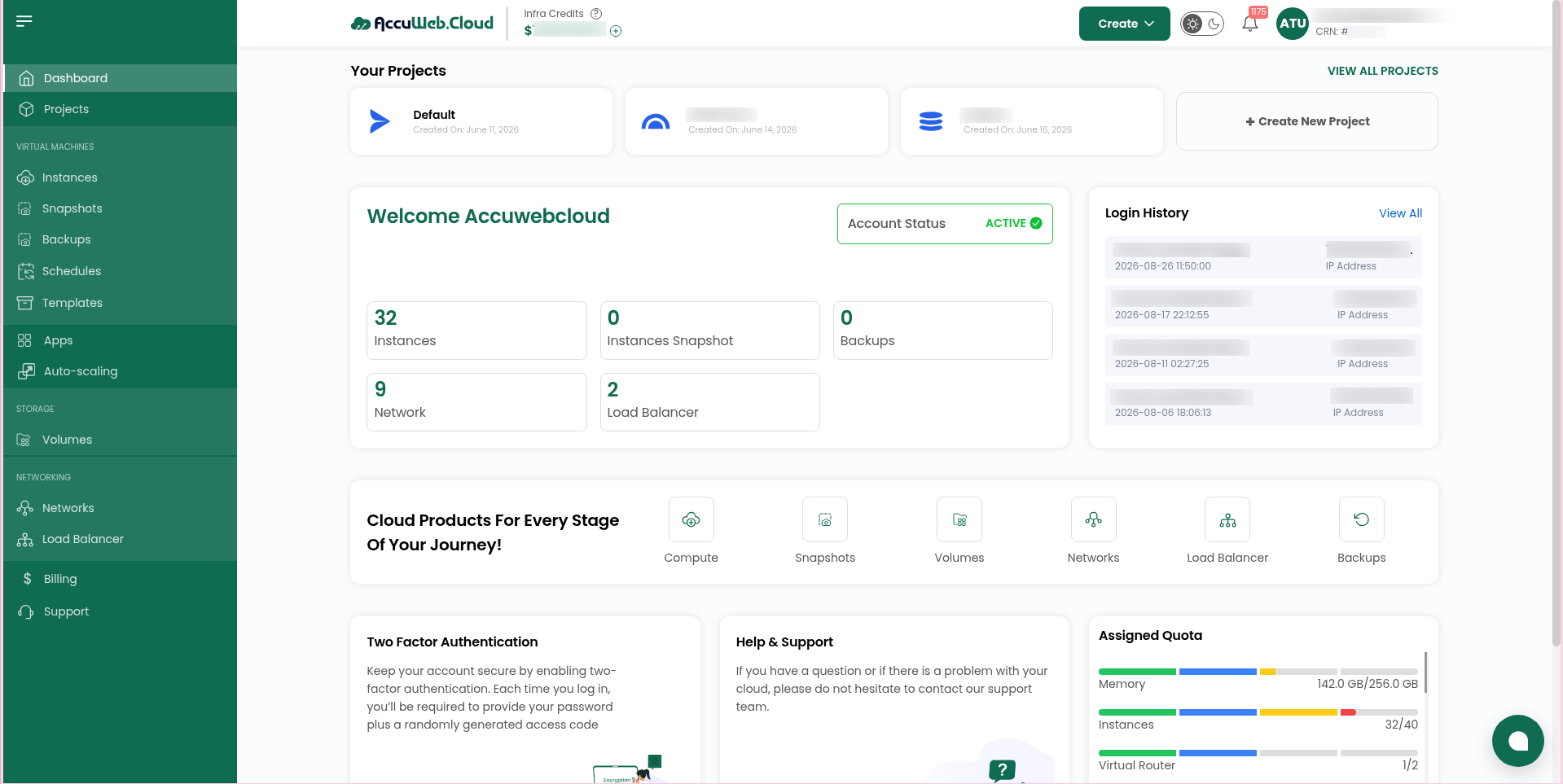 AccuWeb.Cloud dashboard with projects, instance counts, quota and login history