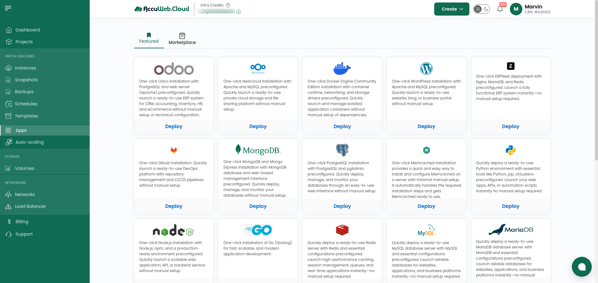 AccuWeb.Cloud one-click app marketplace showing Odoo, Nextcloud, Docker, WordPress, Laravel and n8n