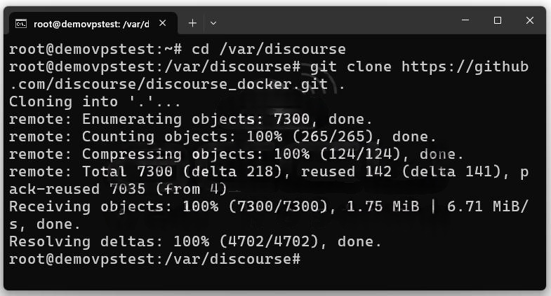 Clone the official Discourse Docker repository Clone the official Discourse Docker repository
